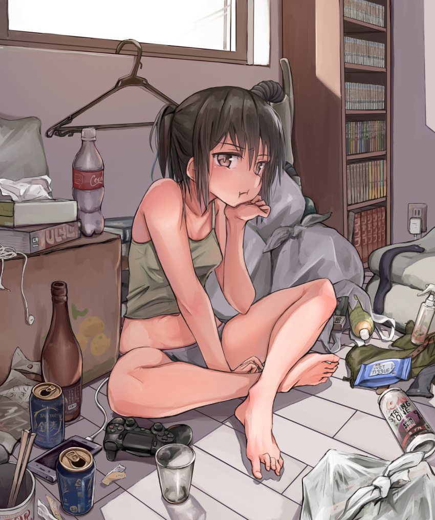 1girl :i arm_support bag bangs barefoot beer_can black_hair bookshelf bottle breasts brown_eyes camisole can cellphone chin_rest chopsticks clothes_hanger commentary_request controller cup drinking_glass dualshock earphones_removed electric_plug full_body game_controller gamepad grey_panties head_rest highres indian_style indoors instant_ramen kabayaki_namazu kantai_collection looking_at_viewer messy_room navel on_floor panties phone plastic_bag pout ramen sendai_(kantai_collection) sitting small_breasts smartphone socks_removed soda_bottle solo spray_bottle tank_top tissue_box toes underwear underwear_only vacuum_cleaner window