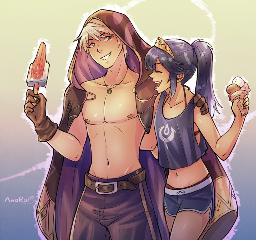 1boy 1girl ana_rui blue_eyes blue_hair blush cape closed_eyes fire_emblem fire_emblem:_kakusei fire_emblem_heroes food gloves ice_cream long_hair lucina male_my_unit_(fire_emblem:_kakusei) mamkute my_unit_(fire_emblem:_kakusei) nintendo open_mouth ponytail robe short_hair simple_background smile swimsuit tiara white_hair