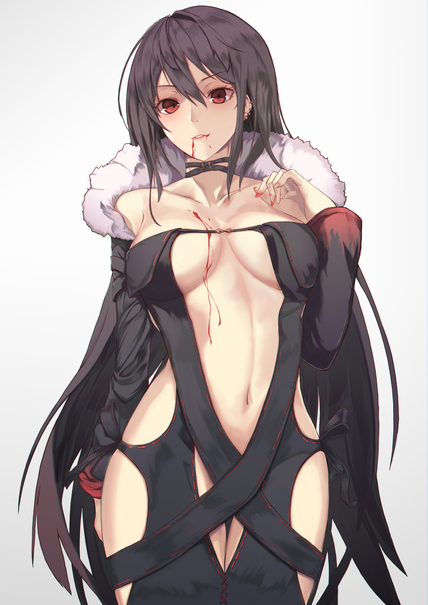 1girl absurdres black_choker black_dress black_hair blood breasts breasts_apart choker coat commentary_request consort_yu_(fate) dress fate/grand_order fate_(series) fur-trimmed_coat fur_trim highres hmrgyukina long_hair looking_at_viewer medium_breasts navel red_eyes revealing_clothes solo very_long_hair