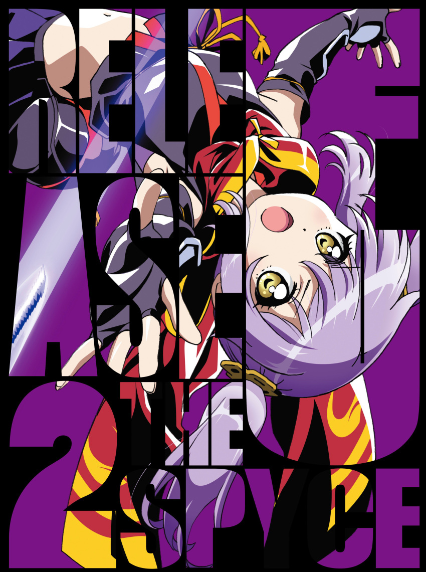 1girl absurdres backflip commentary_request elbow_gloves eyebrows_visible_through_hair fingerless_gloves gloves highres looking_at_viewer midriff navel official_art open_mouth purple_hair release_the_spyce sagami_fuu sleeveless solo twintails yellow_eyes