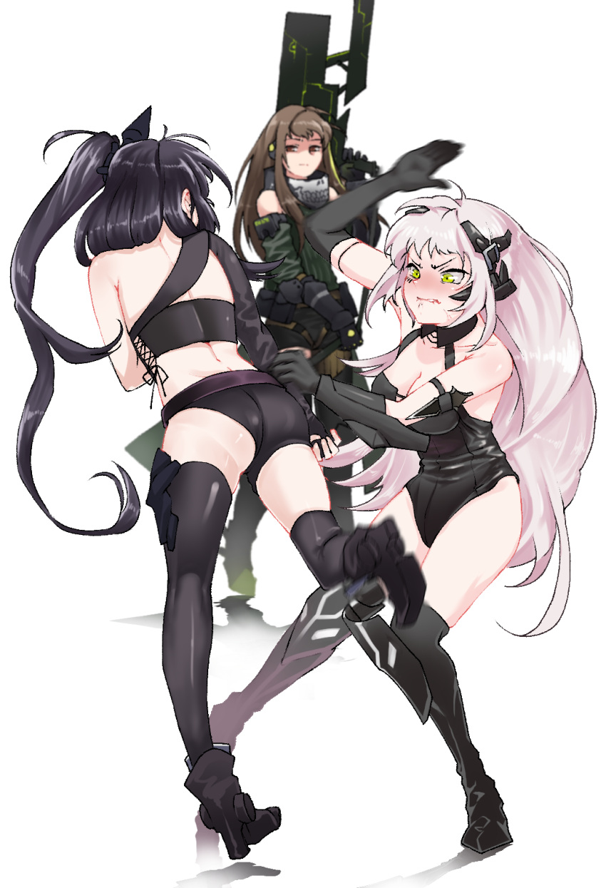 3girls angry architect_(girls_frontline) ass black_hair blush breasts brown_eyes brown_hair cleavage disgust elbow_gloves embarrassed from_behind gager_(girls_frontline) girls_frontline gloves green_eyes highres m4a1_(girls_frontline) medium_breasts mod3_(girls_frontline) multiple_girls pale_skin sd_bigpie spanking white_hair