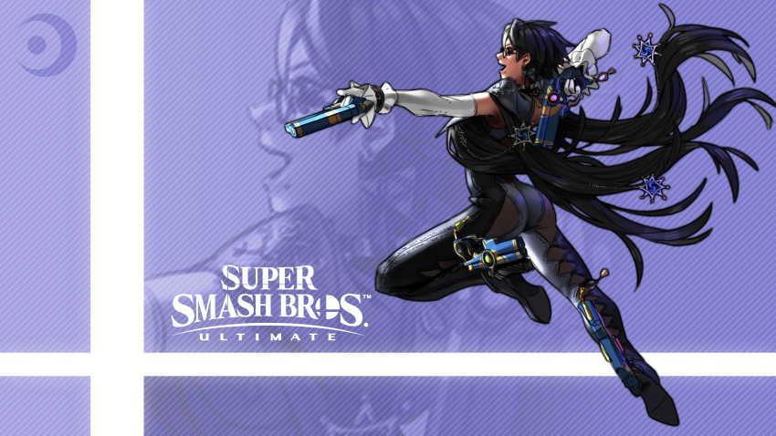 1girl absurdres alternate_hair_length alternate_hairstyle bayonetta bayonetta_(character) bayonetta_2 black_hair blue_eyes bodysuit breasts earrings full_body glasses gloves gun highres jewelry lips lipstick makeup mole mole_under_mouth nin_nakajima nintendo open_mouth short_hair simple_background smile solo super_smash_bros. super_smash_bros._ultimate weapon