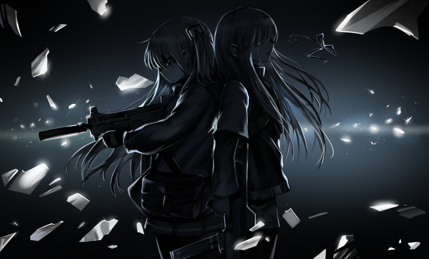 2girls back-to-back broken_glass commentary dokomon faceless faceless_female from_side girls_frontline glass glint gloves greyscale gun h&amp;k_ump40 h&amp;k_ump45 highres holding holding_gun holding_weapon jacket long_hair long_sleeves monochrome multiple_girls object_namesake parted_lips pleated_skirt profile puffy_long_sleeves puffy_sleeves ribbon skirt tears ump40_(girls_frontline) ump45_(girls_frontline) very_long_hair weapon