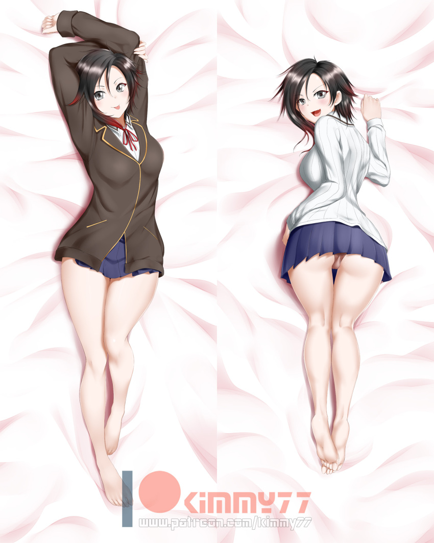 1girl :p alfred_cullado arms_up artist_name ass black_hair blue_skirt dakimakura grey_eyes hair_between_eyes highres looking_at_viewer lying on_back on_stomach patreon_logo red_eyes ribbed_sweater ruby_rose rwby short_hair skirt smile solo sweater thighs tongue tongue_out watermark web_address