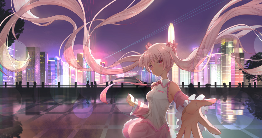 building cherry_blossoms cityscape detached_sleeves flower foreshortening hair_flower hair_ornament hatsune_miku highres lens_flare long_hair looking_at_viewer night night_sky original outstretched_hand pink_eyes pink_hair pink_skirt rika_(mikunopantsu) sakura_miku silhouette skirt sky skyscraper smile solo_focus twintails very_long_hair