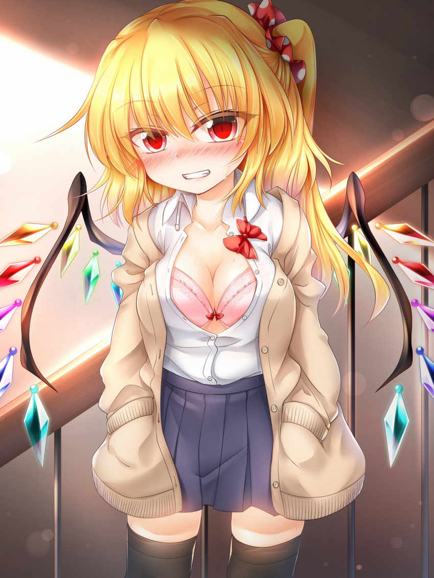 1girl alternate_breast_size bangs beige_jacket black_legwear blonde_hair blue_skirt blush bow bra breasts cardigan cleavage commentary_request cowboy_shot crystal eyebrows_visible_through_hair eyelashes fang flandre_scarlet grey_background grin hair_between_eyes hair_ornament hair_scrunchie hands_in_pockets head_tilt highres jacket large_breasts lens_flare long_hair long_sleeves looking_at_viewer m9kndi miniskirt no_hat no_headwear nose_blush one_side_up open_cardigan open_clothes open_jacket pink_bra pleated_skirt polka_dot railing red_bow red_eyes red_scrunchie scrunchie shirt skirt smile solo standing sweat thigh-highs thighs touhou underwear white_shirt wing_collar wings zettai_ryouiki