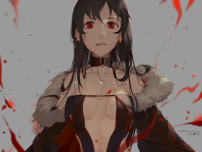 1girl artist_name bare_shoulders blood blood_on_breasts blood_on_face blurry blurry_foreground breasts brown_hair center_opening choker cleavage consort_yu_(fate) depth_of_field earrings fate/grand_order fate_(series) fur_collar fur_trim hair_between_eyes jewelry long_hair looking_at_viewer medium_breasts navel red_eyes reichiou text_focus