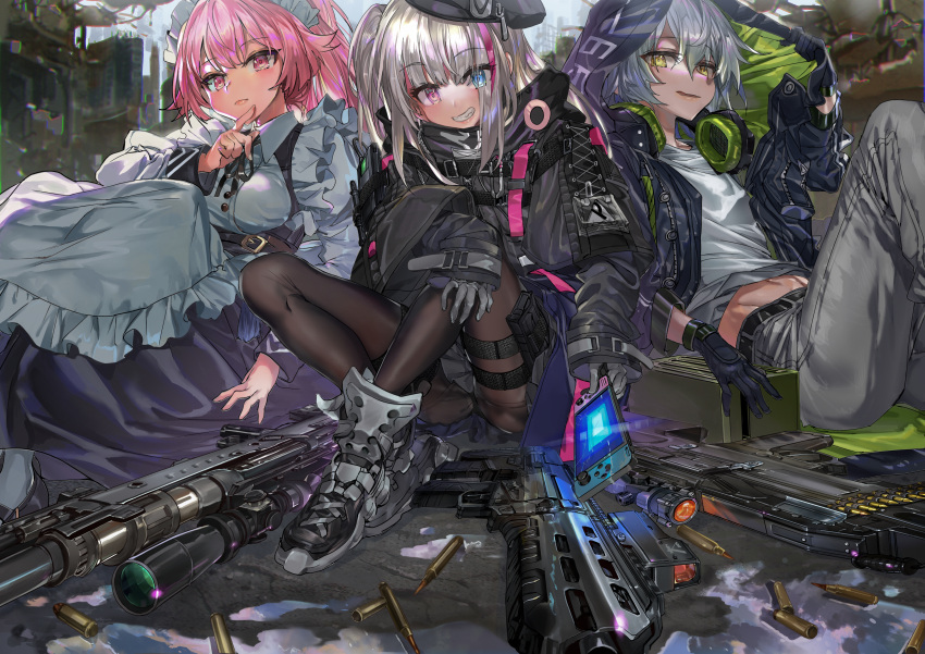 absurdres acog aek-999 aek-999_(girls_frontline) alternate_costume ammunition anti-materiel_rifle apron artist_request assault_rifle beret commentary_request creator_connection desert_tech_mdr girls_frontline gloves grey_hair gun hat headphones highres hood hooded_jacket huge_filesize jacket machine_gun maid maid_apron maid_headdress mdr_(girls_frontline) nintendo_switch ntw-20 ntw-20_(girls_frontline) pink_hair rifle scope shell_casing silver_hair sniper_rifle weapon