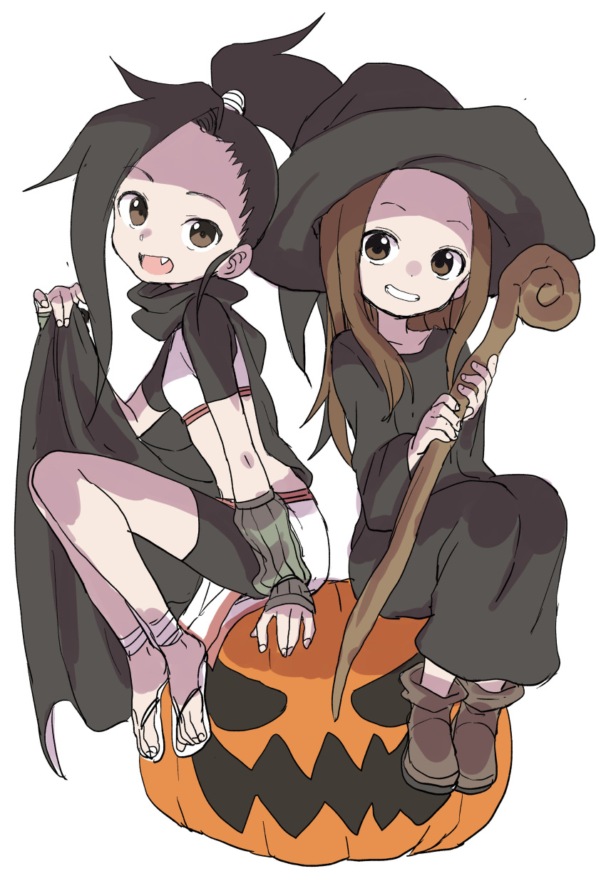 2girls :d absurdres arm_warmers black_cape black_hair black_hat black_robe boots brown_eyes brown_footwear brown_hair cape commentary_request crossover fang hat highres holding jack-o'-lantern karakai_jouzu_no_takagi-san kunoichi_tsubaki_no_mune_no_uchi long_sleeves multiple_girls open_mouth sandals simple_background sitting smile takagi-san tsubaki_(kunoichi_tsubaki_no_mune_no_uchi) white_background witch_hat yamamoto_souichirou