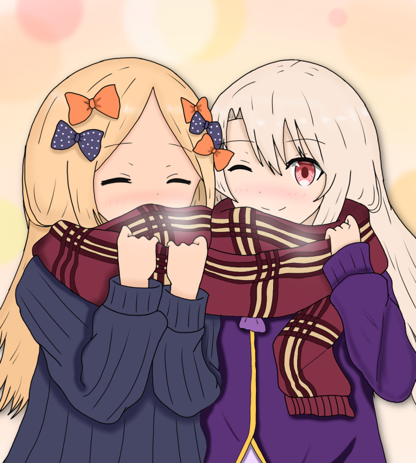 2girls ;) abigail_williams_(fate/grand_order) atsumisu bangs black_bow black_dress blonde_hair blush bow breath child closed_eyes commentary_request covered_mouth dress eyebrows_visible_through_hair fate/grand_order fate/kaleid_liner_prisma_illya fate/stay_night fate_(series) fringe_trim hair_between_eyes hair_bow hands_up highres illyasviel_von_einzbern jacket long_hair long_sleeves multiple_girls no_hat no_headwear nose_blush one_eye_closed orange_bow plaid plaid_scarf polka_dot polka_dot_bow purple_jacket red_eyes red_scarf scarf shared_scarf smile upper_body very_long_hair