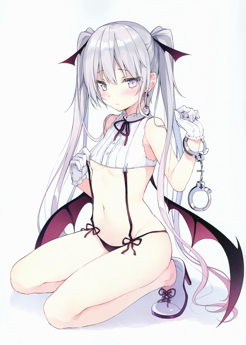 1girl absurdres black_panties blush breasts buttons center_frills crop_top cuffs demon_girl demon_wings full_body gloves handcuffs highres kneeling lavender_eyes long_hair looking_at_viewer navel neck_ribbon original panties ribbon rurudo shirt shoes silver_hair simple_background sitting sleeveless sleeveless_shirt small_breasts solo twintails under_boob underwear very_long_hair white_background white_gloves white_shirt wings