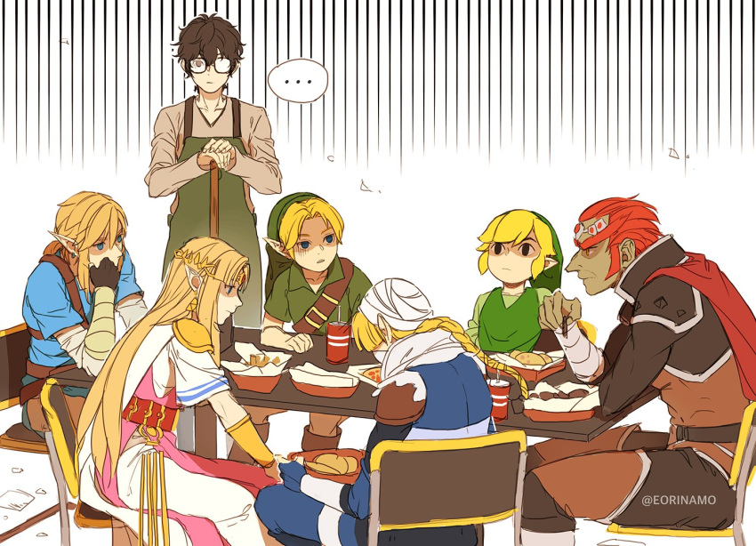 amamiya_ren androgynous apron avengers bandage black_hair blonde_hair blue_eyes braid chair dark_skin eorinamo ganondorf gerudo glasses hair_over_one_eye hat link long_hair mask multiple_girls nintendo parody persona persona_5 pointy_ears ponytail princess_zelda red_eyes reverse_trap sheik short_hair super_smash_bros. super_smash_bros._ultimate surcoat the_legend_of_zelda the_legend_of_zelda:_a_link_between_worlds the_legend_of_zelda:_breath_of_the_wild the_legend_of_zelda:_majora's_mask the_legend_of_zelda:_ocarina_of_time the_legend_of_zelda:_the_wind_waker toon_link tunic young_link