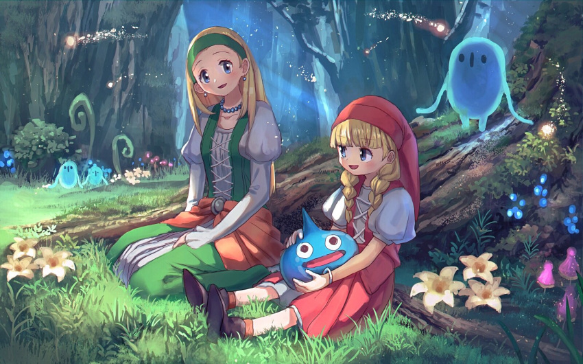 2girls :d bangs blonde_hair blue_eyes blunt_bangs braid brown_footwear dragon_quest dragon_quest_xi dress earrings eyebrows_visible_through_hair flower forest grass green_dress hat headband highres jewelry juliet_sleeves long_sleeves multiple_girls mushroom nature necklace open_mouth orange_legwear outdoors pearl_necklace pippi_(pixiv_1922055) puffy_sleeves red_hat red_skirt senya_(dq11) shoes sitting skirt slime_(dragon_quest) smile socks tree twin_braids veronica_(dq11) white_flower
