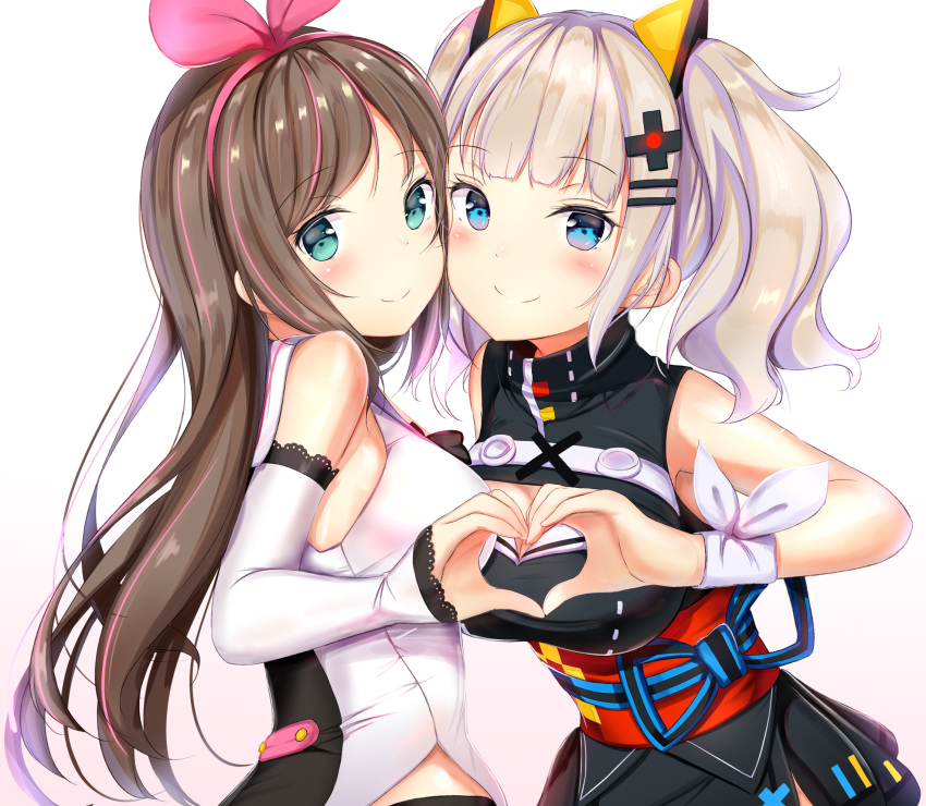 2girls a.i._channel aqua_eyes bangs bare_arms bare_shoulders black_shirt black_skirt blue_eyes blush breasts brown_hair cleavage_cutout closed_mouth collared_shirt d-pad d-pad_hair_ornament detached_sleeves eyebrows_visible_through_hair from_side hair_ornament hairband hairclip heart heart_hands heart_hands_duo highres kaguya_luna kaguya_luna_(character) kizuna_ai large_breasts long_hair long_sleeves looking_at_viewer medium_breasts miniskirt multicolored_hair multiple_girls pink_hair ribbon shirt sidelocks silver_hair simple_background skirt sleeveless sleeveless_shirt smile streaked_hair turtleneck twintails upper_body virtual_youtuber white_background white_ribbon white_shirt wrist_ribbon yuano