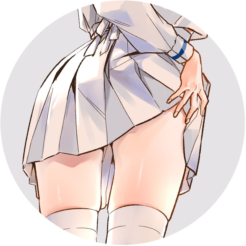 1girl ass geshumaro highres lower_body original pleated_skirt school_uniform skindentation skirt skirt_lift thigh-highs thighs white_legwear white_skirt