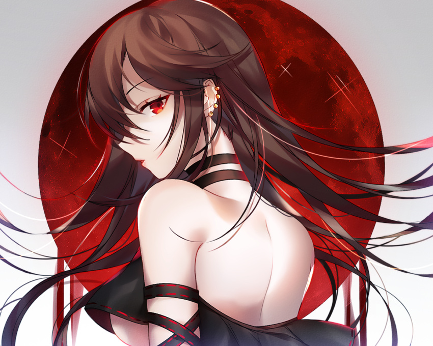 1girl back bangs bare_shoulders black_dress breasts brown_hair choker consort_yu_(fate) dress earrings fate/grand_order fate_(series) jewelry long_hair looking_at_viewer looking_back parted_lips red_eyes solo strapless strapless_dress under_boob xionfes