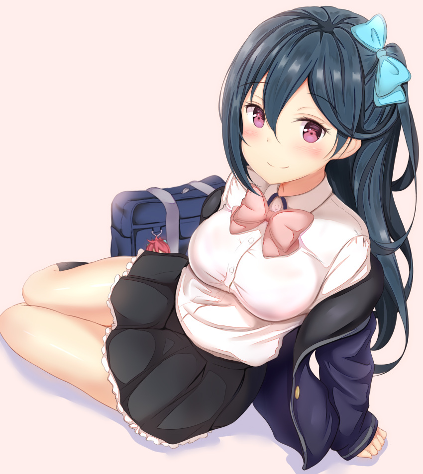 1girl aqua_bow arm_support bag bangs black_hair black_legwear black_skirt blazer blue_jacket blush bow bowtie breasts closed_mouth collared_shirt duffel_bag eyebrows_visible_through_hair frilled_skirt frills hair_between_eyes hair_bow highres impossible_clothes impossible_shirt jacket kneehighs leaning_to_the_side long_hair long_sleeves looking_at_viewer medium_breasts miniskirt off_shoulder one_side_up open_clothes open_jacket phantasy_star phantasy_star_online_2 pink_background pink_neckwear pleated_skirt red_eyes school_bag school_uniform shirt shirt_tucked_in sidelocks simple_background sitting skirt smile solo washinomiya_koori white_shirt yuano