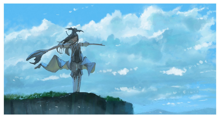 1girl :d black_hair blue_sky boots cliff closed_eyes day dragon floating_hair grass holding knee_boots long_hair negative_space open_mouth original outdoors outstretched_arms reido_(reido_c) scenery sky smile solo spread_arms standing waist_cape white_footwear