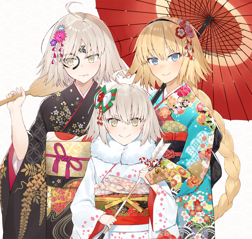 &gt;:) 3girls ahoge arrow bangs bell black_kimono blonde_hair blue_eyes blue_flower blue_kimono bow braid brown_eyes closed_mouth commentary_request ema eyebrows_visible_through_hair fate/grand_order fate_(series) floral_print flower green_bow hagoita hair_between_eyes hair_bow hair_flower hair_ornament hamaya hayashi_kewi holding holding_arrow holding_umbrella japanese_clothes jeanne_d'arc_(alter)_(fate) jeanne_d'arc_(fate) jeanne_d'arc_(fate)_(all) jeanne_d'arc_alter_santa_lily jingle_bell kimono long_hair long_sleeves multiple_girls obi oriental_umbrella paddle pink_flower print_kimono purple_flower red_umbrella sash single_braid smile striped striped_bow umbrella v-shaped_eyebrows very_long_hair white_kimono wide_sleeves