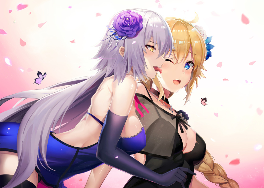 2girls :o black_dress black_legwear blonde_hair blue_dress blue_eyes blue_flower blush braid breasts bug butterfly cleavage commentary_request dress elbow_gloves face_licking fate/grand_order fate_(series) flower gloves hair_flower hair_ornament hand_on_another's_shoulder insect jeanne_d'arc_(alter)_(fate) jeanne_d'arc_(fate) jeanne_d'arc_(fate)_(all) jewelry l.bou large_breasts licking long_braid long_hair multiple_girls necklace one_eye_closed petals purple_flower purple_gloves silver_hair single_braid surprised thigh-highs traditional_media very_long_hair watercolor_(medium) yellow_eyes yuri