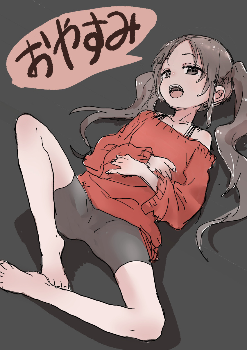 1girl absurdres barefoot bike_shorts brown_eyes brown_hair grey_background highres long_hair long_sleeves looking_at_viewer lying on_back on_floor open_mouth original red_sweater simple_background sketch solo spread_legs sweater translated twintails yamamoto_souichirou