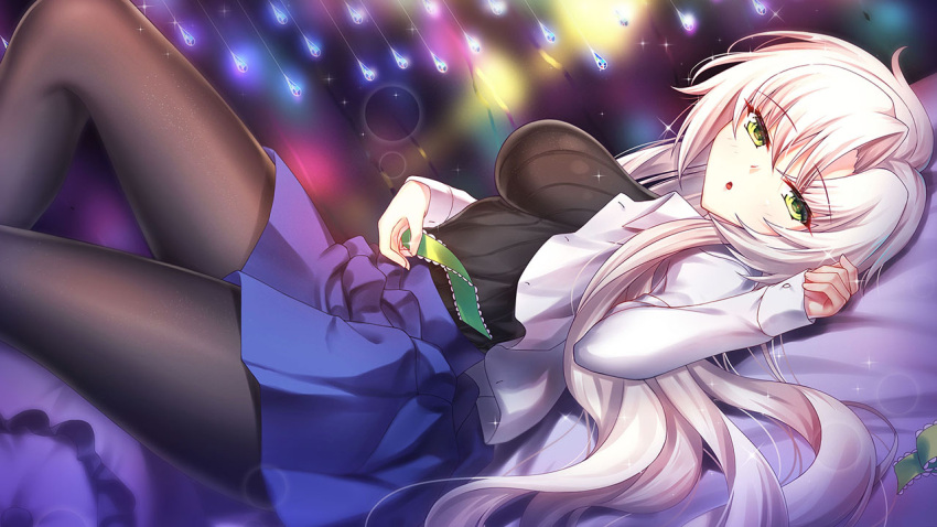 1girl bangs black_legwear blue_skirt blush collared_shirt crystal dutch_angle eyebrows_visible_through_hair green_eyes green_ribbon kagamigawa_kuroe knees_up light_particles long_hair long_sleeves looking_at_viewer lying memories_off on_back open_clothes open_mouth open_shirt pantyhose parted_bangs ribbon shirt sidelocks silver_hair skirt solo sparkle very_long_hair white_shirt zha_yu_bu_dong_hua