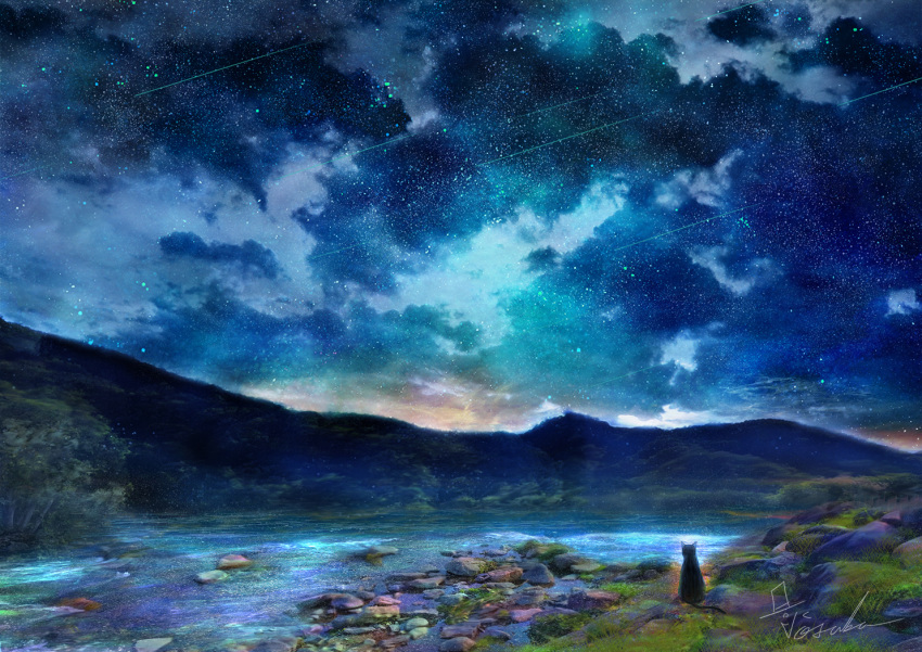 animal black_cat cat clouds cloudy_sky commentary_request grass hill landscape meteor_shower nature night night_sky no_humans original outdoors pond scenery signature sky star_(sky) starry_sky tosaka_rere tree water