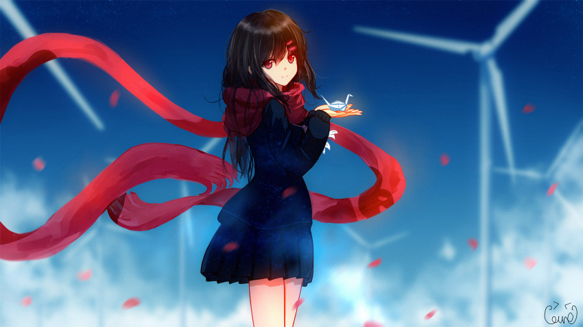 1girl black_hair black_skirt black_sweater blue_sky blurry blurry_background from_side hair_ornament hairclip highres holding kagerou_project long_hair long_sleeves looking_at_viewer miniskirt petals pleated_skirt qwerggthankyou red_eyes red_scarf scarf shiny shiny_hair signature skirt sky smile solo standing sweater tateyama_ayano wind_turbine windmill