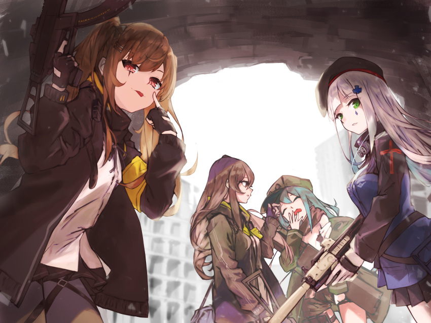 404_(girls_frontline) 4girls :p absurdres armband assault_rifle bangs beret black_bow black_hat black_jacket black_legwear black_ribbon black_shorts blunt_bangs bow brown_eyes brown_hair closed_eyes closed_mouth commentary_request crossed_bangs eyebrows_visible_through_hair facial_mark finger_on_trigger fingerless_gloves g11 g11_(girls_frontline) girls_frontline gloves green_eyes green_hat green_jacket gun h&amp;k_ump h&amp;k_ump45 h&amp;k_ump9 hair_ornament hairclip hand_up hat heckler_&amp;_koch highres hk416 hk416_(girls_frontline) holding holding_gun holding_weapon hood hood_down hooded_jacket huge_filesize jacket knee_pads koki_1009 long_hair looking_at_another looking_at_viewer messy_hair multiple_girls one_side_up open_clothes open_jacket pantyhose plaid plaid_skirt red_eyes ribbon rifle scar scar_across_eye scarf_on_head shirt shorts shoulder_cutout simple_background skirt submachine_gun teardrop thigh-highs tongue tongue_out ump45_(girls_frontline) ump9_(girls_frontline) weapon white_hair white_shirt