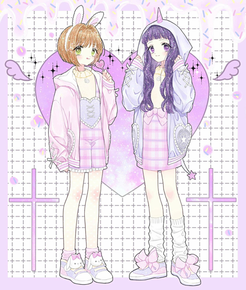 2girls animal_ears bangs bhto4 blue_hoodie brown_hair candy card_captor_sakura daidouji_tomoyo eyebrows_visible_through_hair food full_body heart highres hood hoodie horn kinomoto_sakura lollipop long_hair long_sleeves looking_at_viewer multiple_girls overalls pink_hoodie plaid purple_hair rabbit_ears shoes short_hair skirt socks standing tongue