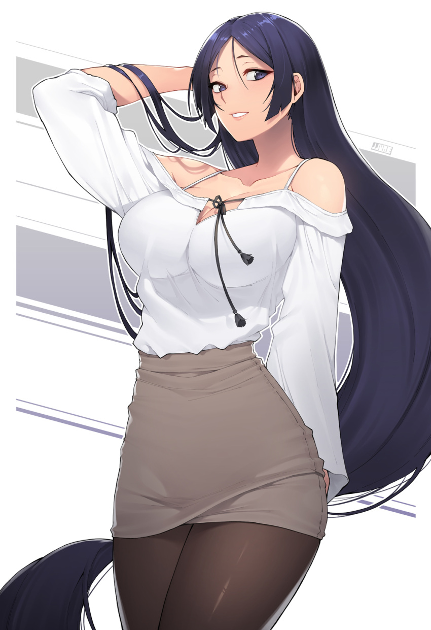 adjusting_hair alternate_costume bangs bare_shoulders breasts brown_skirt cleavage dress fate/grand_order fate_(series) formal highres jjune large_breasts long_hair looking_at_viewer low-tied_long_hair minamoto_no_raikou_(fate/grand_order) off-shoulder_dress off_shoulder office_lady pantyhose parted_bangs pencil_skirt purple_hair shirt skirt smile very_long_hair violet_eyes white_shirt