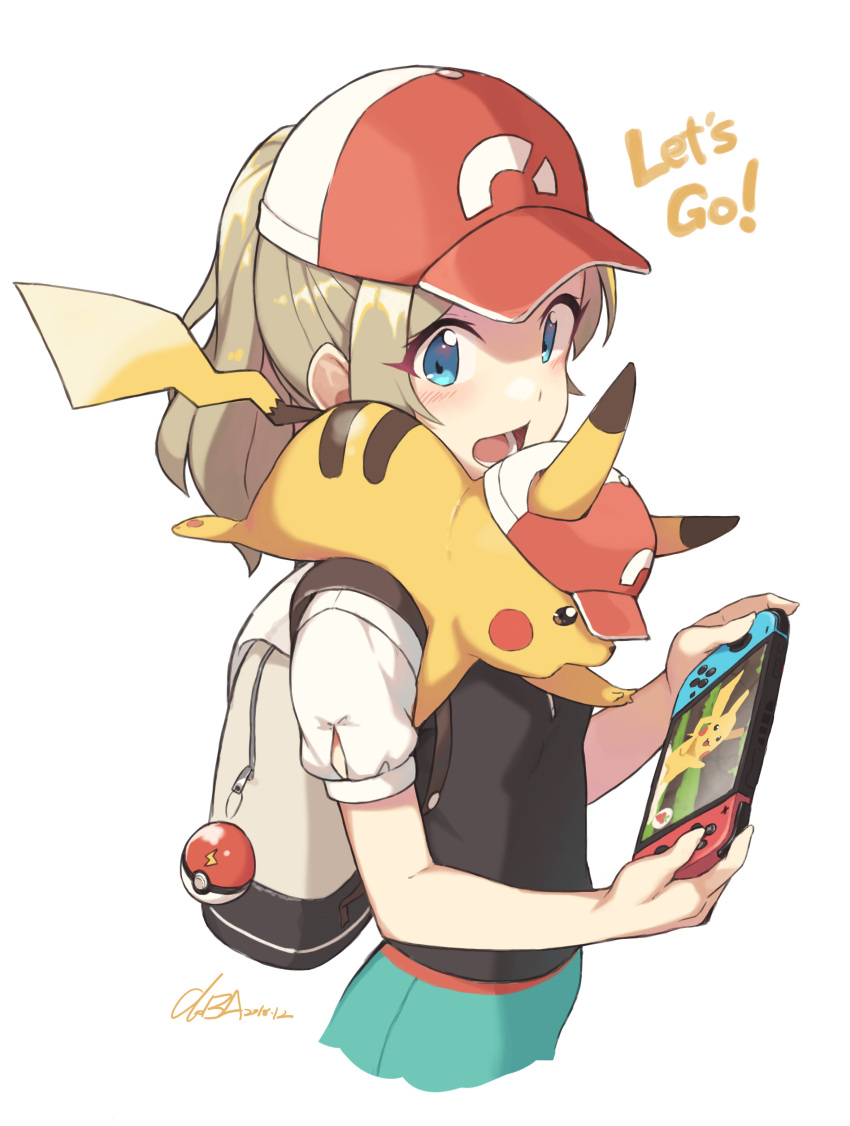 1girl :d absurdres backpack bag baseball_cap blonde_hair blue_eyes cloba commentary creatures_(company) cropped_legs ears_through_headwear english eyes_visible_through_hair game_freak gen_1_pokemon handheld_game_console hat highres long_hair nintendo nintendo_switch on_shoulder open_mouth pikachu poke_ball pokemon pokemon_(creature) ponytail puffy_short_sleeves puffy_sleeves short_sleeves signature simple_background smile upper_body white_background