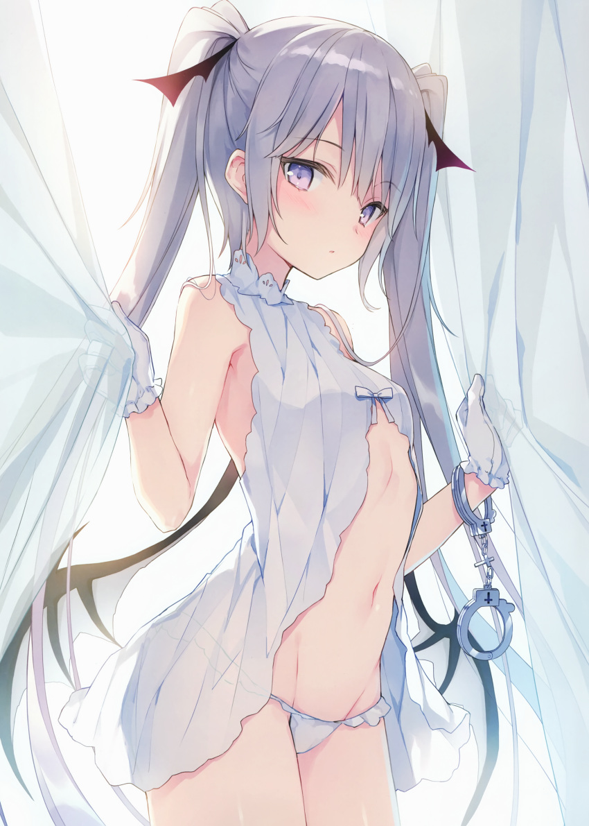 1girl absurdres babydoll breasts cowboy_shot cross cuffs curtain_grab curtains demon_girl demon_wings expressionless eyebrows_visible_through_hair gloves groin hair_between_eyes handcuffs hands_up head_wings highres long_hair looking_at_viewer navel original panties rurudo see-through silver_hair small_breasts solo stomach twintails underwear underwear_only very_long_hair violet_eyes white_gloves white_panties wings