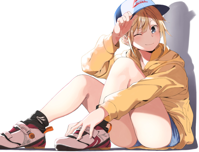 1girl amu_(258shin) arm_up bangs bare_legs baseball_cap black_legwear blonde_hair blue_eyes blush closed_mouth commentary_request denim denim_shorts full_body hand_on_headwear hat head_tilt highres hood hood_down hooded_sweater knees_up long_sleeves looking_at_viewer one_eye_closed original shadow shoes short_shorts shorts simple_background sitting smile sneakers socks solo sweater white_background yellow_sweater