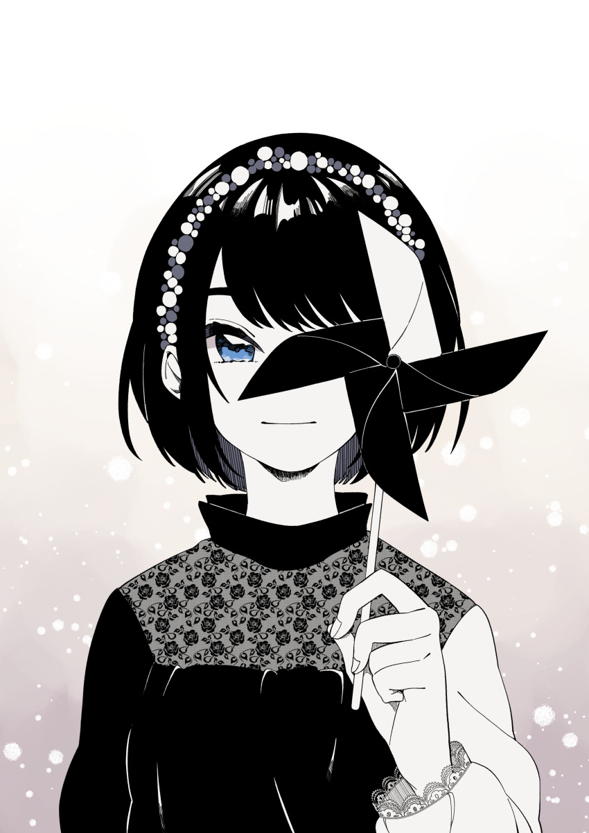 1girl absurdres black_hair blue_eyes commentary_request dress floral_print gradient gradient_background hachimura08 hairband hand_up highres holding monochrome multicolored multicolored_clothes multicolored_dress original pinwheel short_hair simple_background smile