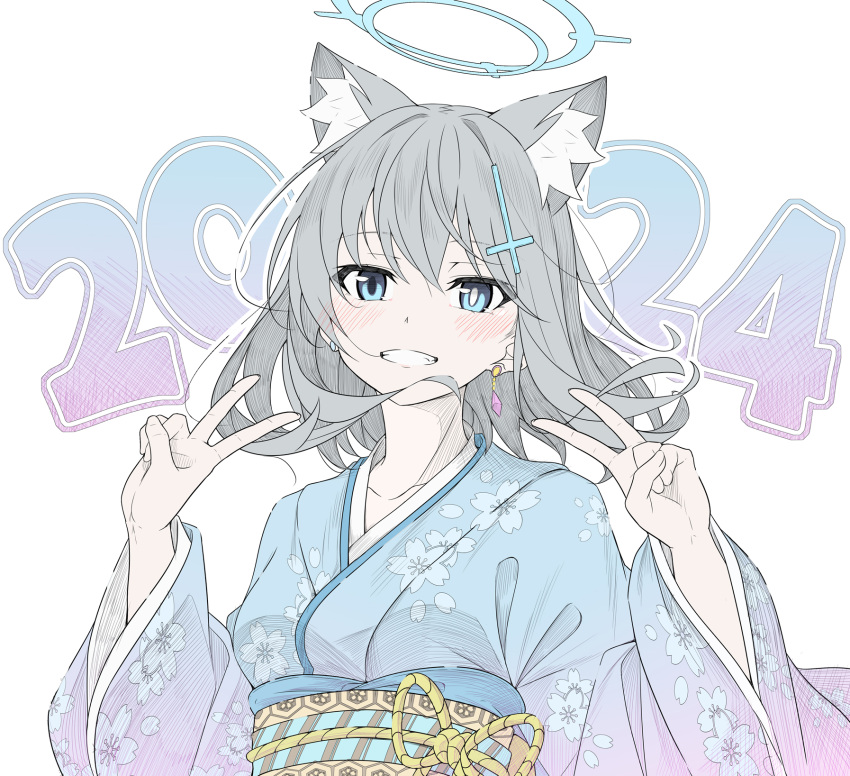 1girl 2024 animal_ear_fluff animal_ears blue_archive blue_eyes blue_halo blue_kimono blush commentary double_v english_commentary grey_hair grin halo highres japanese_clothes kimono long_sleeves looking_at_viewer masabodo medium_hair mismatched_pupils obi sash shiroko_(blue_archive) simple_background smile solo upper_body v white_background wide_sleeves wolf_ears