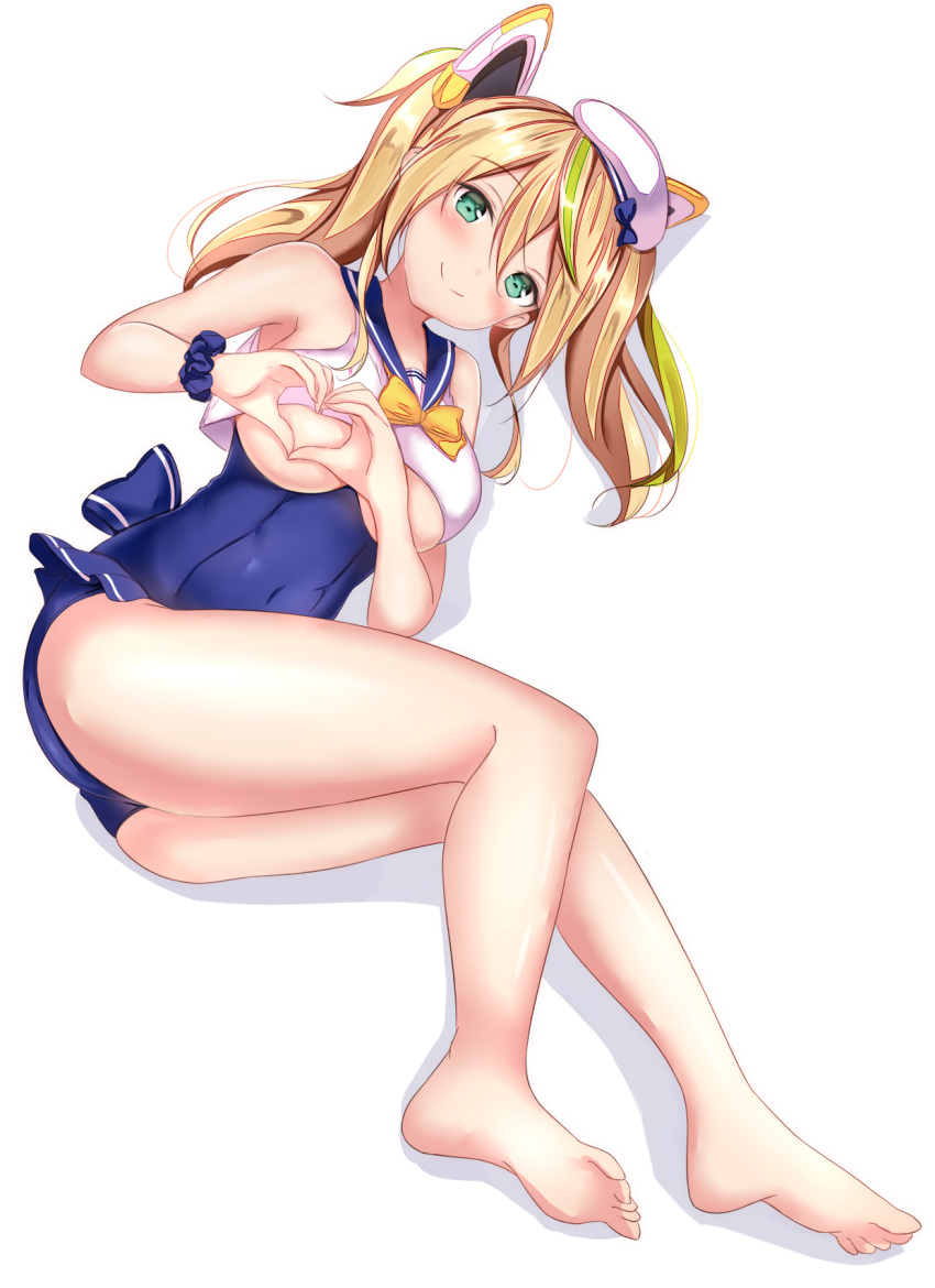 1girl ass bangs bare_legs bare_shoulders barefoot beret blonde_hair blue_bow blue_sailor_collar blue_scrunchie blue_swimsuit blush bow bowtie breasts closed_mouth covered_navel crop_top full_body gene_(pso2) green_eyes green_hair hair_between_eyes hair_ornament hat heart heart_hands highres long_hair lying medium_breasts mini_hat multicolored_hair on_side phantasy_star phantasy_star_online_2 sailor_collar scrunchie shadow shirt sidelocks simple_background sleeveless sleeveless_shirt smile solo streaked_hair swimsuit thighs twintails under_boob white_background white_hat white_shirt wrist_scrunchie yellow_neckwear yuano