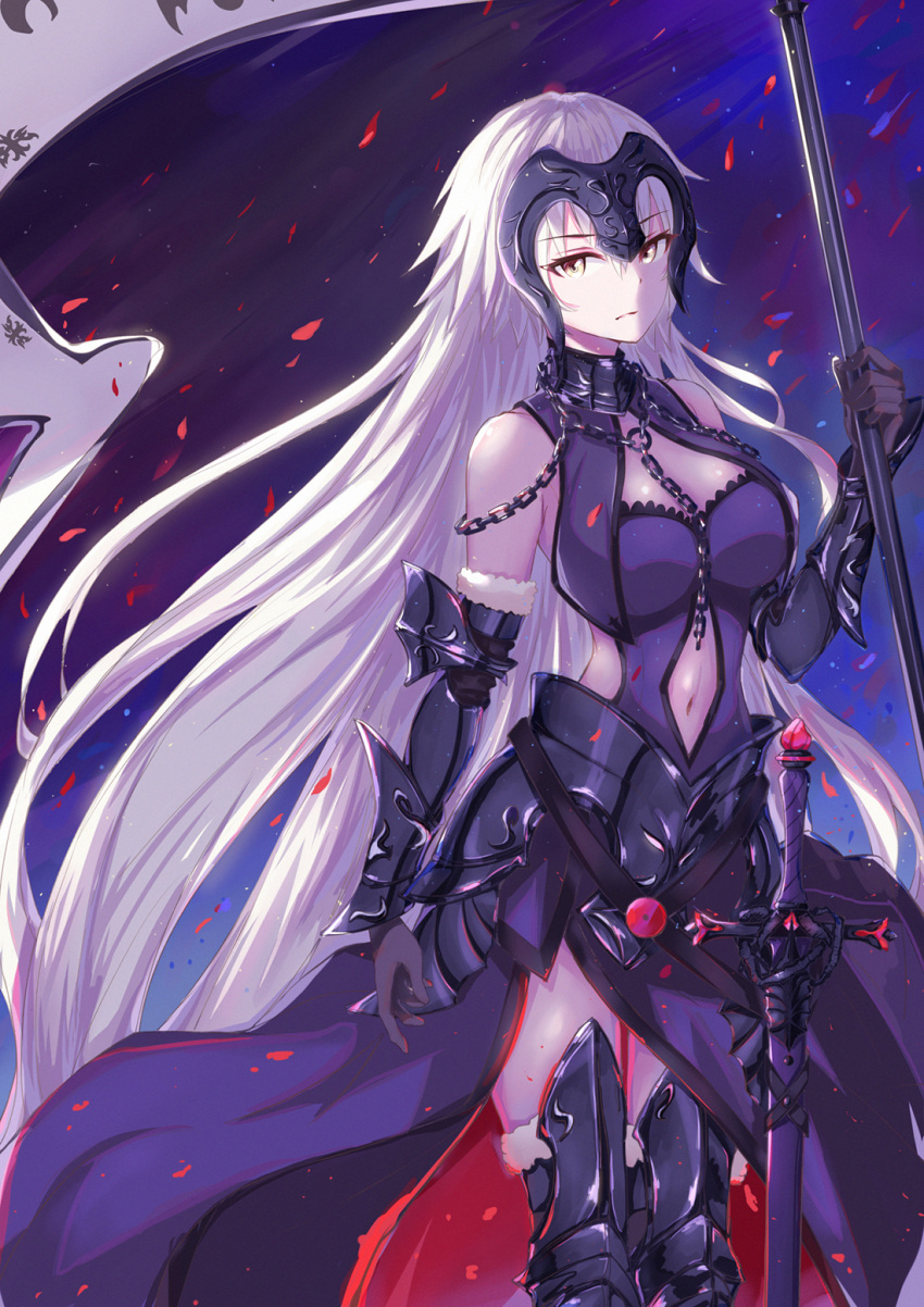 armor armored_dress bangs black_dress blue_background breasts cape center_opening chains closed_mouth commentary_request dress elbow_gloves eyebrows_visible_through_hair fate/grand_order fate_(series) flag fur_trim gauntlets gloves headpiece highres jeanne_d'arc_(alter)_(fate) jeanne_d'arc_(fate)_(all) large_breasts navel red_petals silver_hair sword tenmoon thigh-highs tsurime weapon yellow_eyes