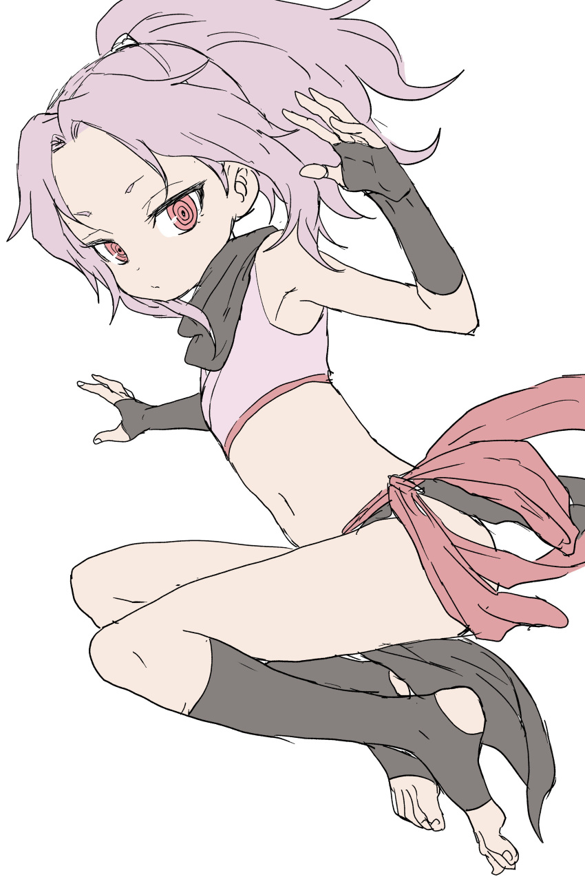1girl absurdres armpits bangs bare_shoulders black_gloves black_legwear closed_mouth commentary_request fingerless_gloves flat_chest from_side full_body gloves highres jumping kunoichi_tsubaki_no_mune_no_uchi looking_at_viewer looking_to_the_side navel panties parted_bangs pink_hair ponytail red_eyes ringed_eyes sazanka_(kunoichi_tsubaki_no_mune_no_uchi) side-tie_panties simple_background solo stirrup_legwear toeless_legwear toeless_socks underwear white_background yamamoto_souichirou