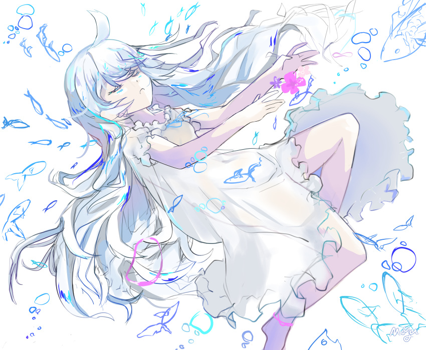 1girl absurdres ahoge air_bubble artist_name bubble closed_eyes fish flower frown full_body highres long_hair mogu70417776 sketch solo soul_worker underwater white_background white_hair white_pajamas