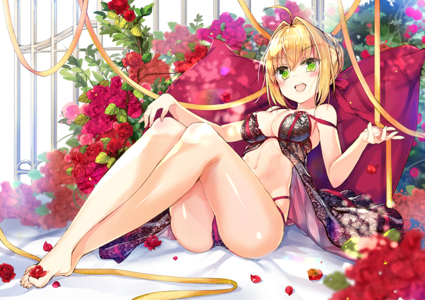 1girl :d ahoge babydoll bangs bare_arms bare_legs bare_shoulders barefoot bed_sheet black_babydoll black_panties blonde_hair blurry blurry_foreground blush bow braid breasts cleavage collarbone commentary_request depth_of_field eyebrows_visible_through_hair fate/extra fate_(series) fingernails flower green_eyes hair_between_eyes hair_bow hair_bun hair_intakes hands_up head_tilt jin_young-in large_breasts legs multi-strapped_panties navel nero_claudius_(fate) nero_claudius_(fate)_(all) open_mouth panties petals pillow red_bow red_flower red_rose ribbon rose rose_petals sidelocks sitting smile solo toenails underwear underwear_only white_background yellow_ribbon