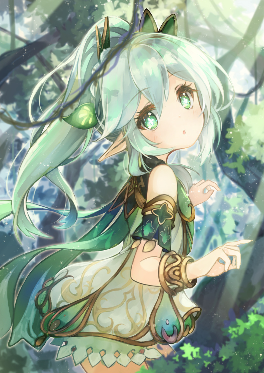 1girl :o absurdres bangs bare_shoulders commentary_request day dress flower-shaped_pupils forest genshin_impact green_eyes grey_hair hair_between_eyes high_ponytail highres looking_at_viewer looking_to_the_side nahida_(genshin_impact) nature otogi_kyouka outdoors parted_lips sleeveless sleeveless_dress solo symbol-shaped_pupils white_dress