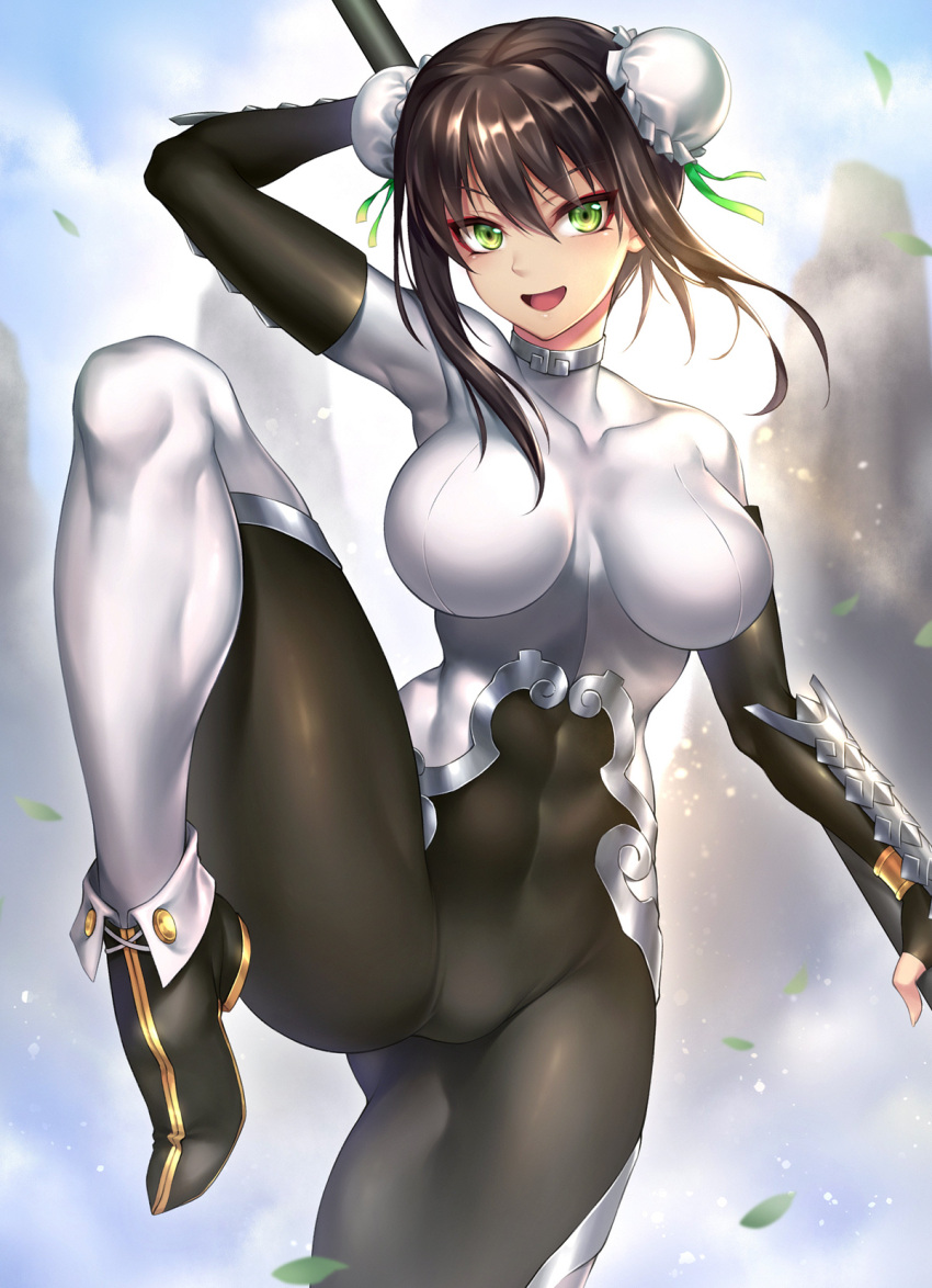 1girl bodysuit breasts brown_hair bun_cover chinese_clothes covered_navel double_bun fate/grand_order fate_(series) fingerless_gloves gloves green_eyes hair_between_eyes highres holding holding_weapon large_breasts looking_at_viewer nasaniliu open_mouth outdoors polearm qin_liangyu_(fate) solo standing standing_on_one_leg weapon