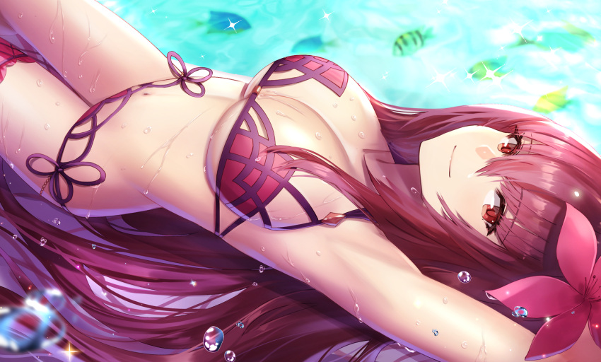 1girl armpits arms_up bangs bikini blurry_foreground blush breasts cleavage collarbone day dolce_(dolsuke) fate/grand_order fate_(series) fish flower hair_flower hair_ornament hibiscus jewelry large_breasts long_hair looking_at_viewer lying navel on_back outdoors partially_submerged purple_bikini purple_hair red_eyes scathach_(fate)_(all) scathach_(fate/grand_order) scathach_(swimsuit_assassin)_(fate) shiny shiny_skin sidelocks smile solo sparkle swimsuit very_long_hair