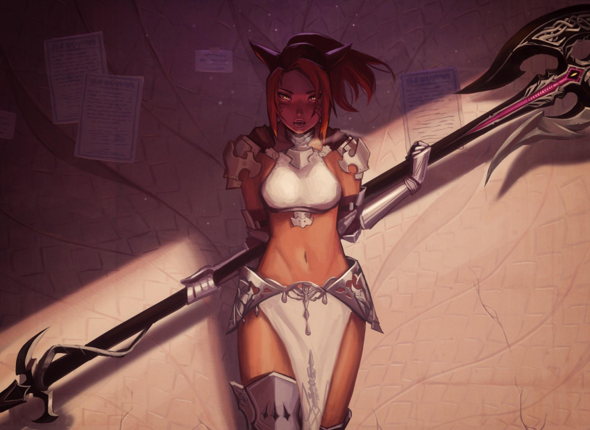 1girl animal_ears armor bikini_armor boots brown_hair cat_ears commission dragoon dragoon_(final_fantasy) faulds final_fantasy final_fantasy_xiv gauntlets greaves highres holding holding_weapon loincloth midriff miqo'te navel open_mouth pauldrons polearm qt0ri short_hair short_ponytail solo standing thigh-highs thigh_boots vambraces weapon yellow_eyes