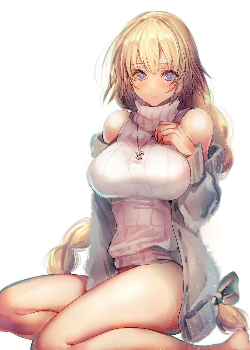 1girl alternate_costume amane_ruri bangs bare_legs bare_shoulders between_legs blonde_eyebrows blonde_hair blue_eyes bottomless braid breasts closed_mouth commentary_request eyebrows_visible_through_hair fate/grand_order fate_(series) from_side hair_between_eyes hair_ribbon hand_between_legs highres huge_breasts jeanne_d'arc_(fate) jeanne_d'arc_(fate)_(all) jewelry light_smile long_braid long_hair looking_at_viewer no_panties open_eyes pendant ribbed_sweater ribbon single_braid sitting sleeveless sleeveless_turtleneck solo sweater thighs tress_ribbon turtleneck turtleneck_sweater very_long_hair white_background white_sweater