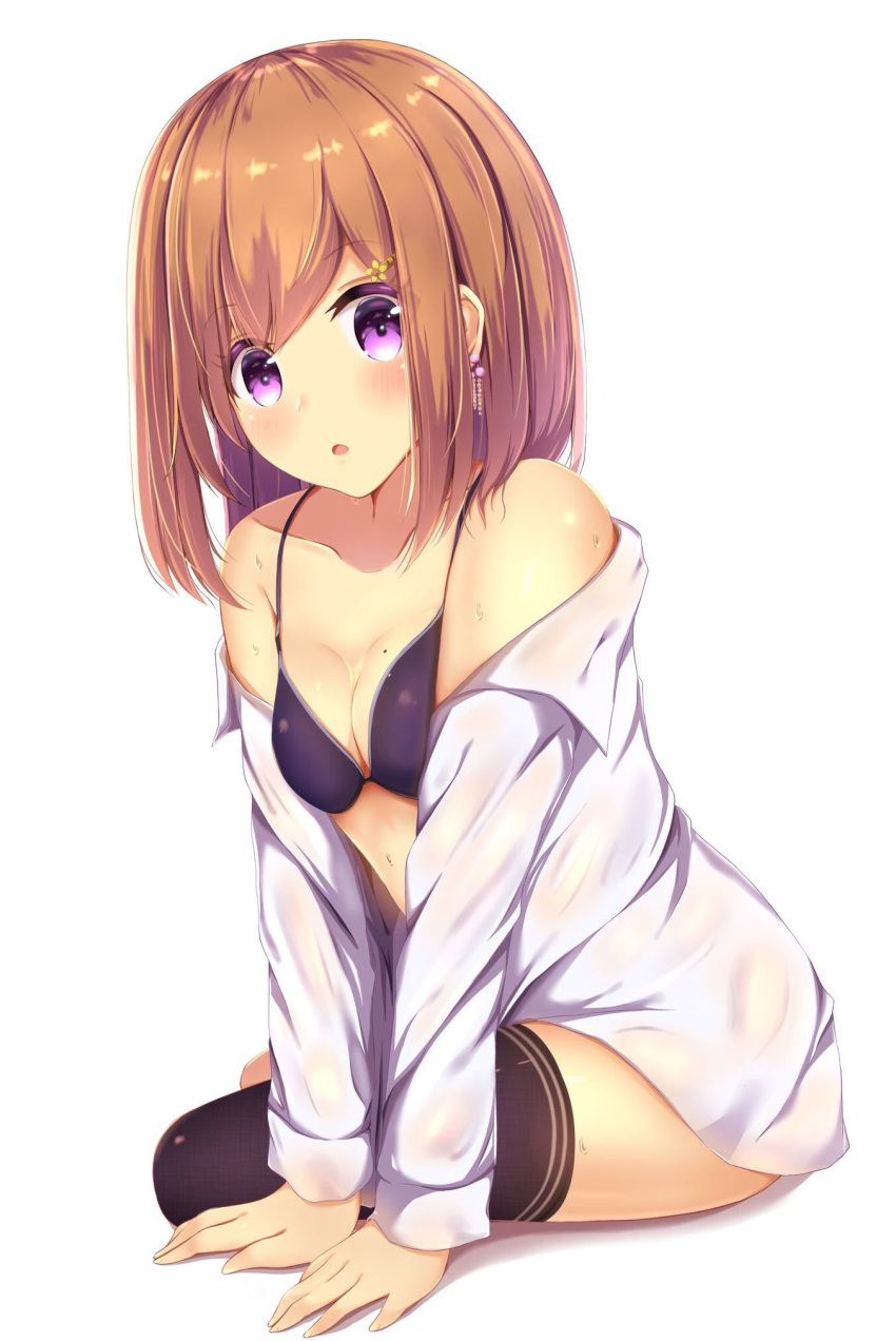 1girl amane_1906 arm_support black_bra black_legwear blush bra breasts brown_hair cleavage clothes_down dress_shirt earrings eyebrows_visible_through_hair full_body highres jewelry long_hair looking_at_viewer mole mole_on_breast open_clothes open_mouth open_shirt original shiny shiny_hair shirt simple_background sitting small_breasts solo thigh-highs underwear violet_eyes wet wet_clothes wet_shirt white_background white_shirt