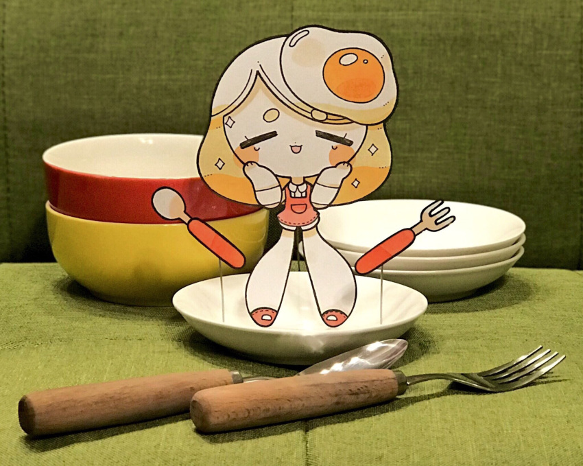 1girl bowl cermrnl closed_eyes egg food fork hands_on_own_cheeks hands_on_own_face highres long_hair open_mouth original papercraft personification photo plate red_footwear smile solo sparkle spoon white_hair