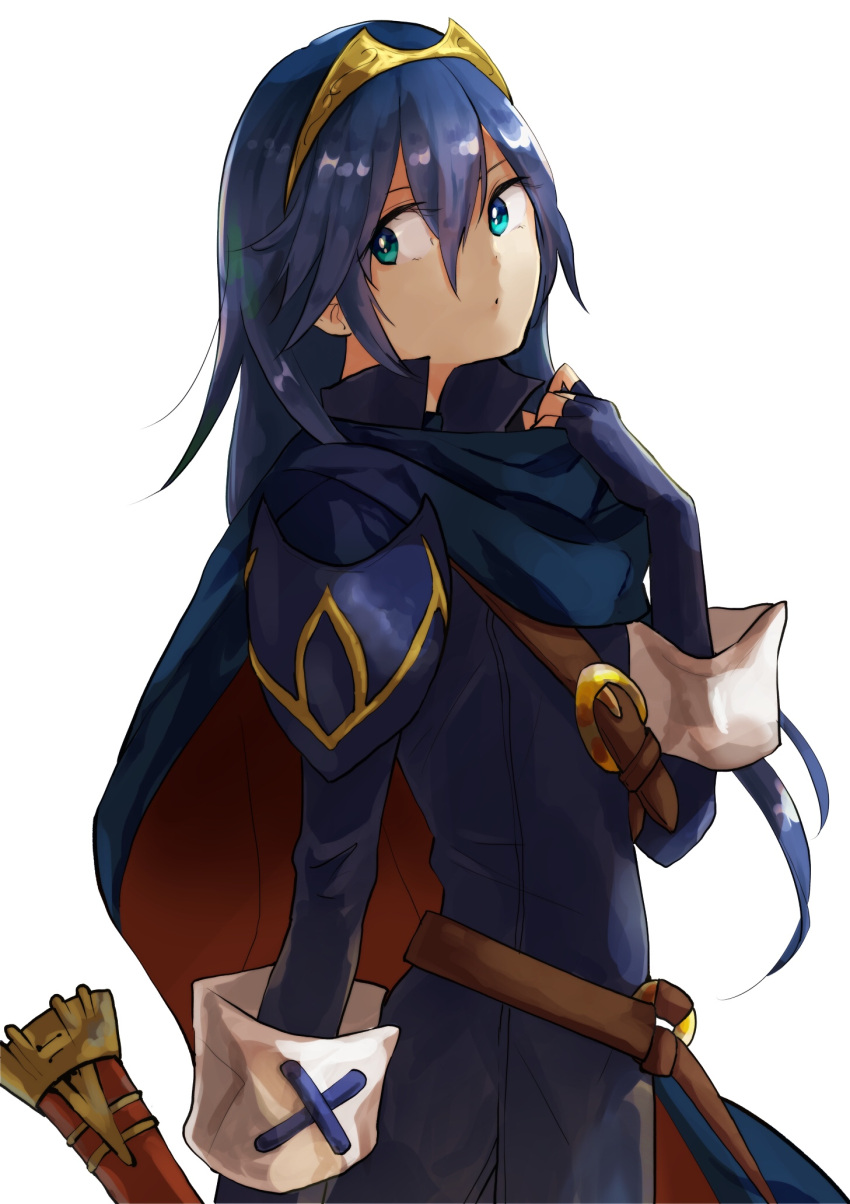 1girl blue_eyes blue_hair cape falchion_(fire_emblem) fingerless_gloves fire_emblem fire_emblem:_kakusei gloves highres long_hair looking_at_viewer lucina niinarumi nintendo simple_background smile solo tiara weapon white_background