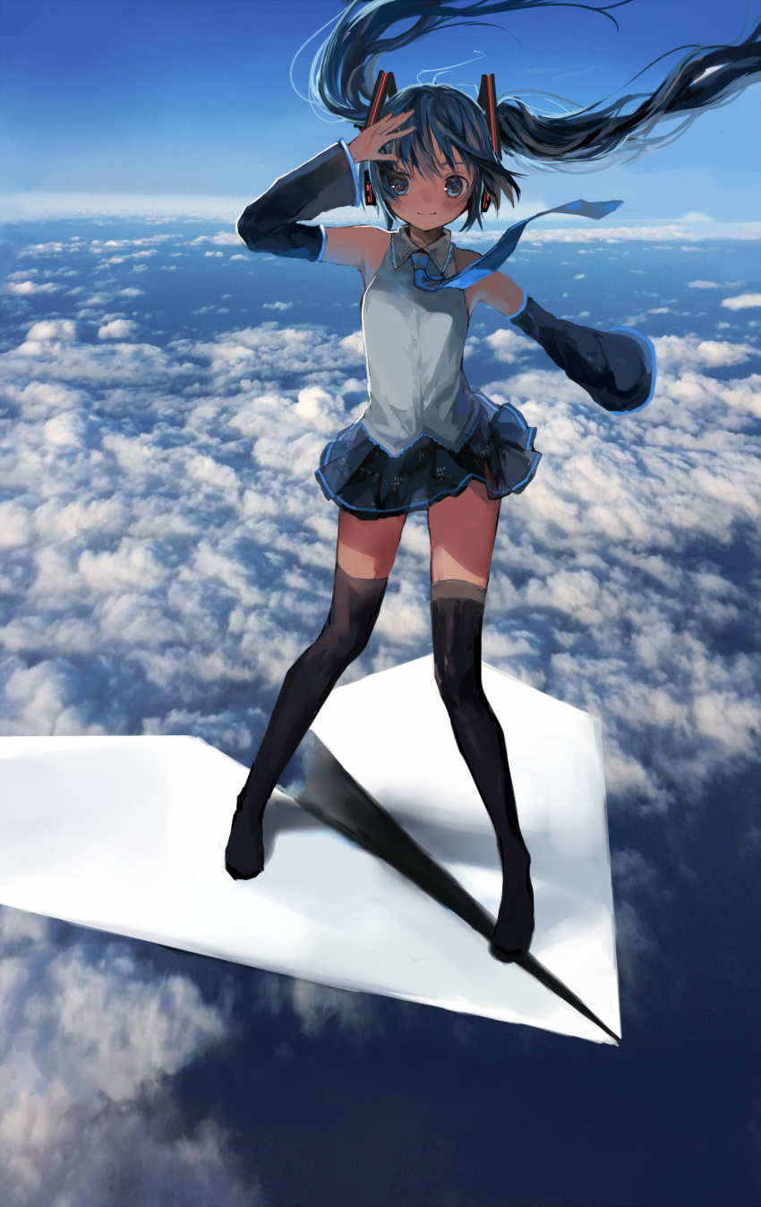 above_clouds clouds hatsune_miku necktie paper_airplane tagme